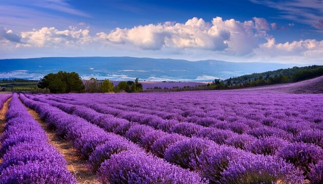 Extensos campos de lavanda en flor, creando un mar de color p&uacute;rpura