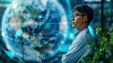 Ethereal Fusion: Scientist Presenting Environmental Research in Research Lab with Copy Space for Colleagues.