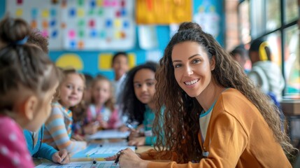 Whimsical Math Lesson: Teacher Presenting New Concepts with Classroom Backdrop and Overlay of Equations