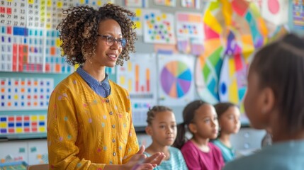 Whimsical Math Lesson: Teacher Presenting New Concept to Students in Classroom with Overlay of Math Problems