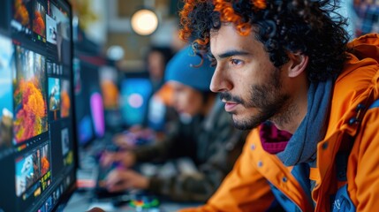 Fototapeta premium Professional Photographer Demonstrating Photo Editing Software in Vibrant Computer Lab Setting with Selective Focus