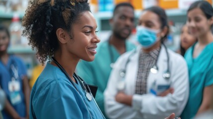 Engaging the Community: Nurse Discussing Vaccination Plan with Close-up of Health Center Backdrop