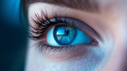 Fototapeta premium A striking close-up of a human eye, showcasing intricate details and a clear reflection. The image captures the essence of observation and clarity, making it ideal for themes of vision and focus.