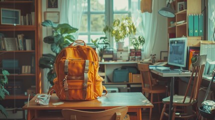 Bright Yellow Backpack on Desk in Cozy Study Filled With Books and Plants. Generative AI