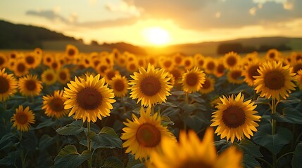 Obraz premium A serene image of a sunflower field with the sun setting in the background, casting a warm golden glow over the vibrant yellow flowers and clear blue sky.