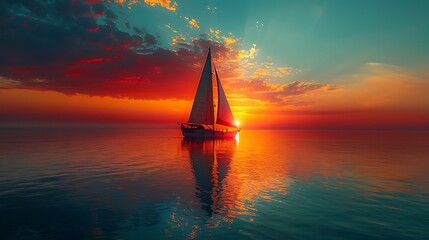A serene sunset sailing scene with a sailboat gliding across calm waters, people silhouetted on deck, and the sky painted in hues of orange and pink.