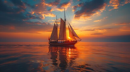 Obraz premium A serene sunset sailing scene with a sailboat gliding across calm waters, people silhouetted on deck, and the sky painted in hues of orange and pink.