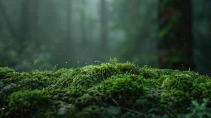 Backdrop of dark forest with green moss for product display