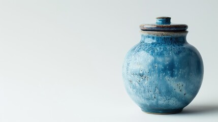 Blue ceramic jar on white background with space for text