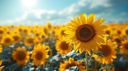 A vast field of blooming sunflowers under a clear blue sky, with vibrant yellow petals stretching towards the sun.