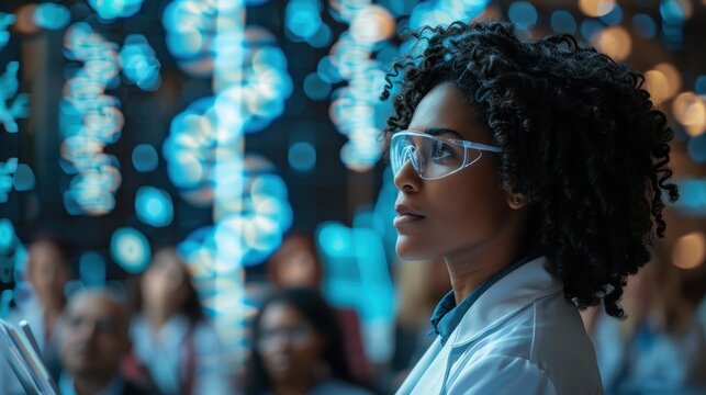 Futuristic Scientist Presenting Genetic Research in Conference Hall with Copy Space Overlay Background