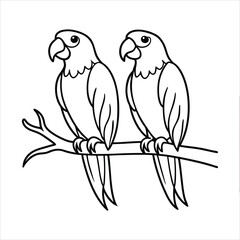 Sepasang burung beo duduk berdampingan di atas dahan pohon tropis line art vector\