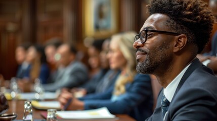 Fototapeta premium Legal Defense Strategy Presentation in Conference Room Setting with Lawyer and Clients Discussing Case Details