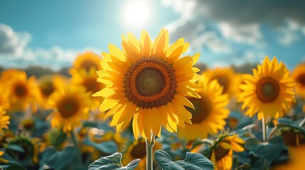 Fototapeta premium A vibrant image of a sunflower field under a clear blue sky, with the bright yellow flowers standing tall and facing the sun, creating a cheerful and lively atmosphere.