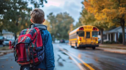 Naklejka premium Young Boy Waiting for School Bus on Rainy Morning in Autumn. Generative AI