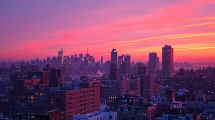 Fototapeta premium Sunset aerial view of New York City looking over midtown Manhattan towards downtown.
