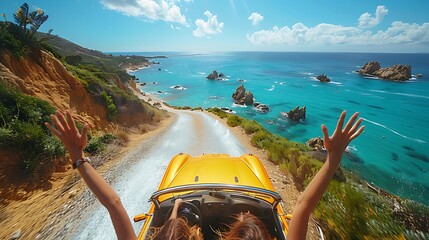An exciting shot of a convertible speeding down a scenic coastal highway, friends' arms raised in joy, the ocean on one side and lush greenery on the other.