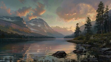 Mt Grinnell reflected in Swiftcurrent Lake in the early dawn light after a snow storm. Glacier National Park, Montana