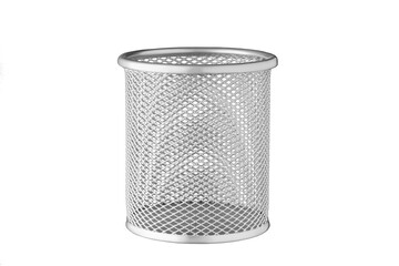 metallic Glass of gray color for stationery, pencils, pens, scissors, ruler, on an isolated white background close up