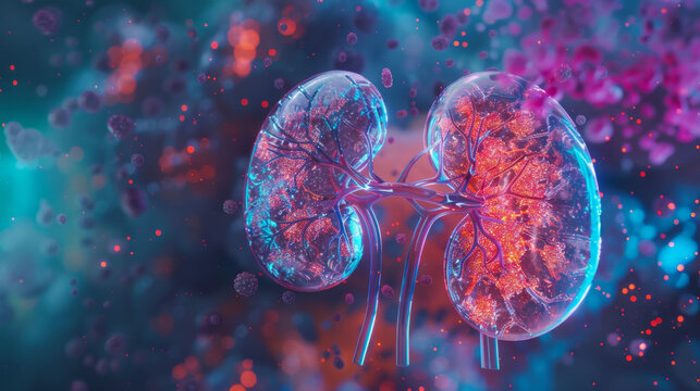 3d rendering of human tiled kidney with cancer cells inside