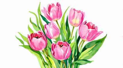 Fototapeta premium Beautiful Pink Tulips Illustration with Vibrant Green Leaves for Spring Decor and Botanical Prints