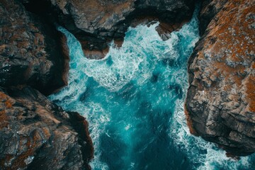 This photo captures an expansive view of the ocean from a birds eye perspective, showcasing the vastness and beauty of the water below, Overhead view of a remote rocky cove, AI Generated