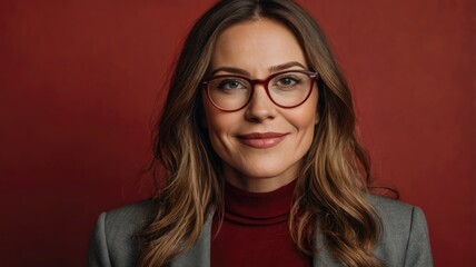 Fototapeta premium red background portrait of satisfied woman wearing glasses