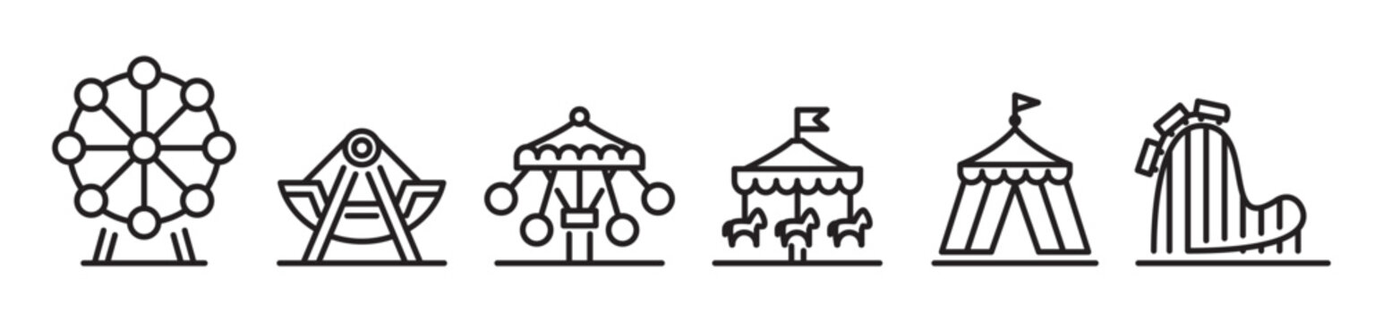 Simple Amusement park icon set. Amusement park line icon. Fun recreation attraction sign, ferris wheel, carnival carousel, circus, horizon train roller coaster, festival fun tent, transparent, Eps10