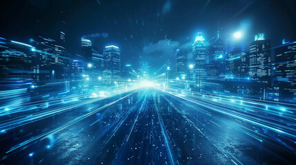 Abstract blue light speed motion background, road in dark night city with blur effect