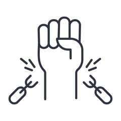 Fototapeta premium Vector icon freedom and release from shackles. Raised upward fist breaks the chain. Human rights, concept of independence. Editable stroke thin line sign isolated on white background.