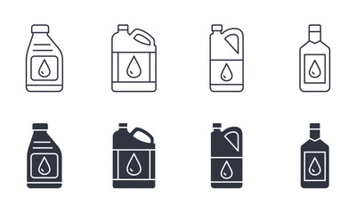 Vector icons machine oil bottle. Oil storage and transfer container of various substances. Editable stroke thin line and black solid set isolated on white background.