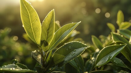 Obraz premium Dew-covered leaves of a plant glisten in the soft, golden morning light. This close-up captures the delicate beauty and freshness of nature at dawn, symbolizing renewal and growth.