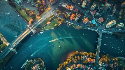 June 20, 2020. Sydney, Australia. Amazing aerial sunset view of the Sydney Opera house from above with Harbour bridge and the bay.