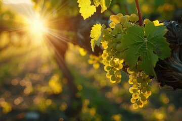 Close-up of green grape vines with sunbeams shining through the leaves.