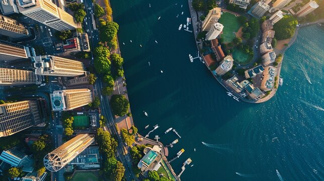 June 20, 2020. Sydney, Australia. Amazing aerial sunset view of the Sydney Opera house from above with Harbour bridge and the bay.