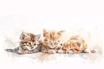 Fototapeta premium watercolor cute and playful kitten family in cozy room on white background