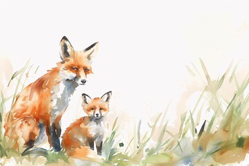Fototapeta premium Whimsical Watercolor Fox Family Exploring Meadow | Illustrated Animal Adventure 