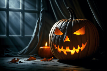 Obraz premium Halloween-themed scene with a carved pumpkin, lit candle and fallen leaves on a wooden surface. A window with curtains is visible in the background.