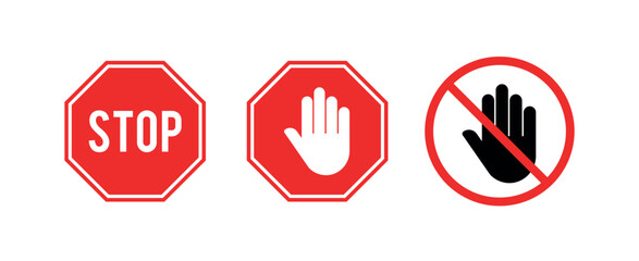 Set of Red Stop Sign Vector Illustration Isolated on White Background