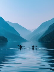 Obraz premium Two people kayaking on a calm lake with mountains in the background. AI.