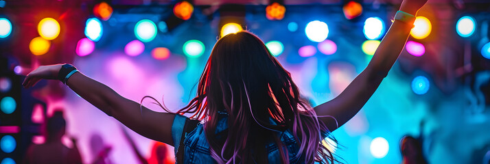 Ecstatic dancers illuminated by colorful stage lights