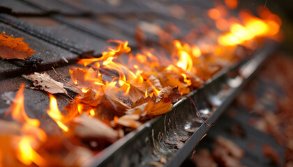 Closeup of leaves igniting in roof gutters emphasizes fire safety urgency