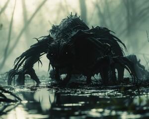 A monstrous creature lurks in the murky water. AI.