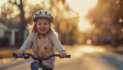 Naklejka premium A young girl smiles brightly as she rides her bike down a sunny road. AI.