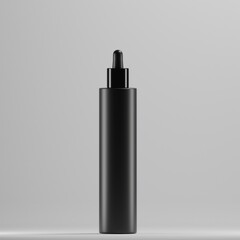  matte black cylindrical glass dropper bottle with black dropper cap. The bottle is standing on a plain background with a minimalist design. It is empty and ready to be filled with a cosmetic product