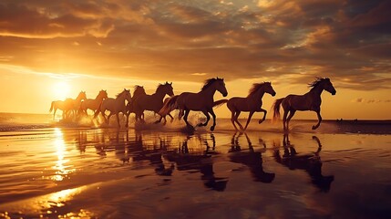 Horses galloping on a beach at sunrise 
