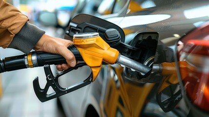 Hand Holding a Gas Pump Nozzle Inserting Into a Car's Fuel Tank