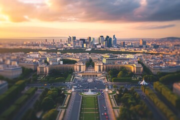 Fototapeta premium This photo shows an aerial view of the city of Paris, featuring iconic landmarks such as the Eiffel Tower and the River Seine, Paris city skyline captured from a bird's eye perspective, AI Generated
