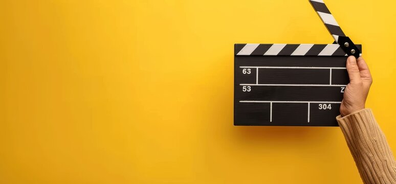 Hand Holding a Film Clapperboard Against a Yellow Background