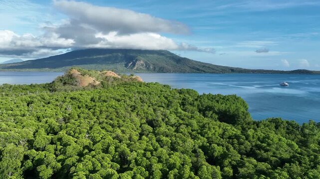Morning sunlight illuminates the mangrove-fringed island of Lembata, Indonesia. This beautiful and biodiverse area is part of the famed Ring of Fire and is home to high marine biodiversity.
